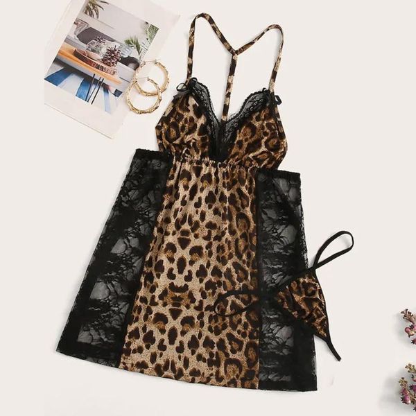 

new women plus size bottoms couple nightgown women lace nightdress with thong leopard backless fashion underwear, Black;red