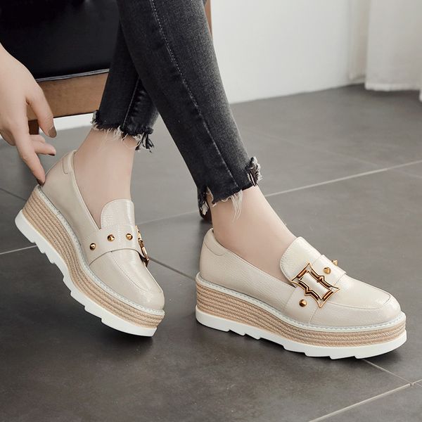 

buckle patent leather ballet flats women's shoes platform female footwear slip-on modis round toe rivets studs casual sneaker, Black