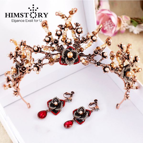 

himstory new vintage gorgeous flower branch hair crown delicate uique designs black crystal queen princess queen tiaras hairwear, Golden;white