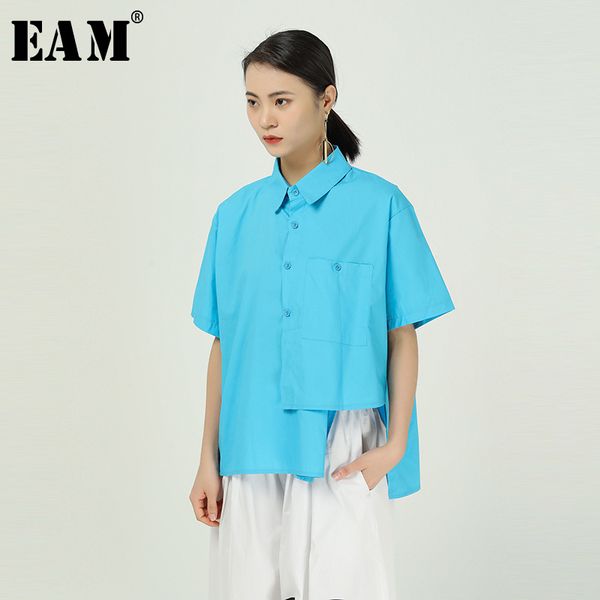 

eam] женщины синяя кнопка асимметричный большой размер блузка новый лацкан половина рукава свободная посадка рубашка мода прилив весна осен, White