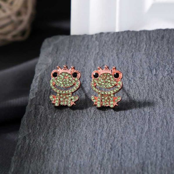 

cute korean ethnic earring unique crystal frog stud earring for women handmade charming wedding date gift jewelry accessory, Golden;silver