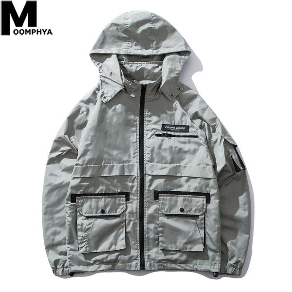 

moomphya front pocket jacket men streetwear hooded windbreaker coat men 2019 autumn men's jacket casual male fashion, Black;brown