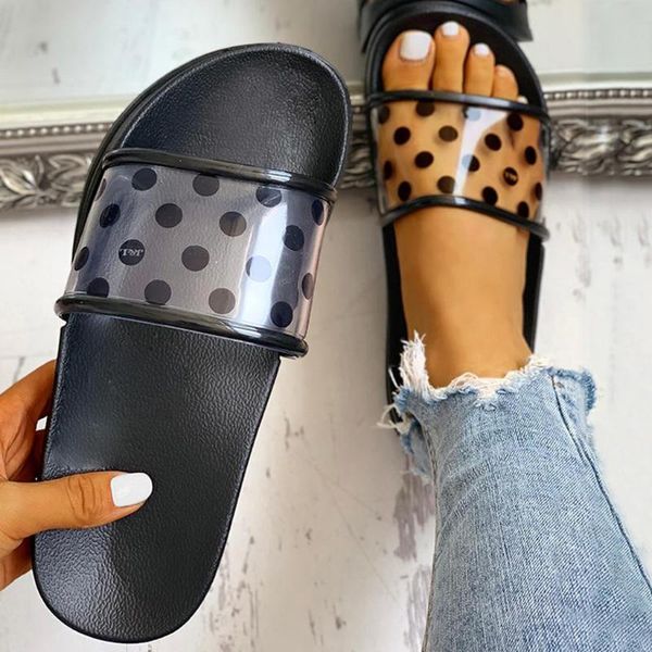

summer slippers sandals shoes 2020 woman polka dots transparent open toe flip flops women outdoor casual flat beach shoes #4.30, Black