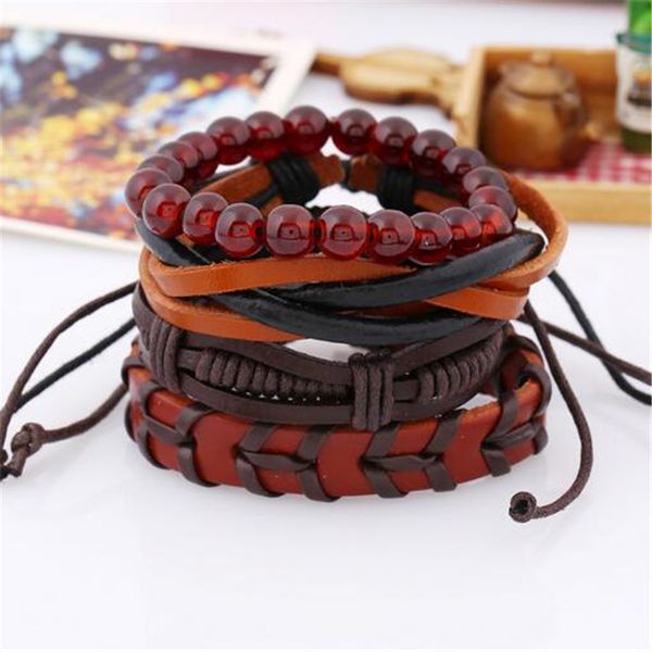 

ethnic 4 pcs/set red stone beads charm handmade punk men leather bracelets women vintage bangle male homme jewelry accessories, Black