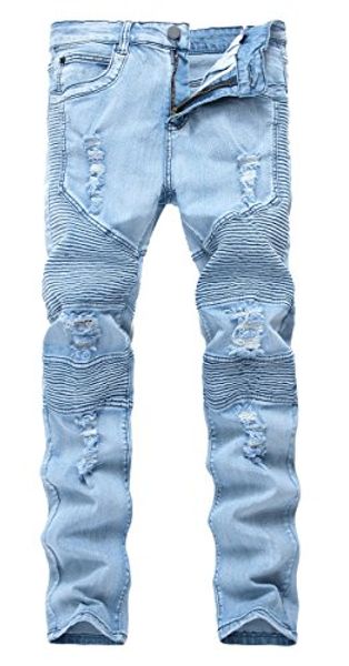 

qazel vorrlon men's biker moto skinny ripped distressed destroyed fit denim jeans, Blue