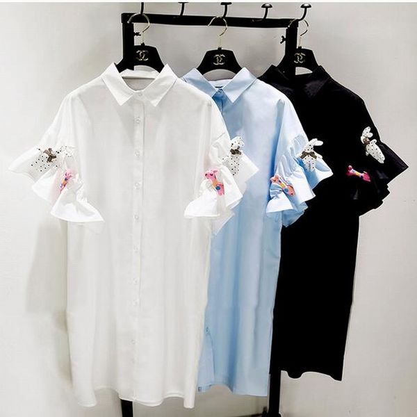 

korea 2018 loose plus size summer doll sleeve long three-dimensional cartoon short-sleeved shirt mori girl vestidos brand, Black;gray