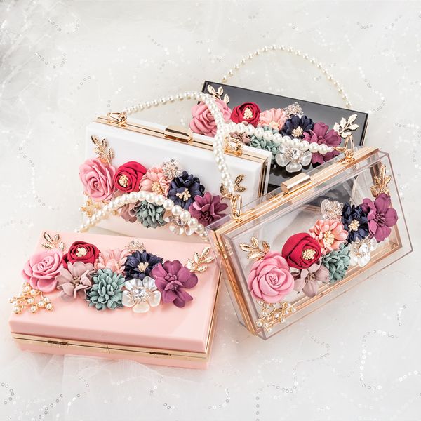 

women luxury evening bags wedding party pearl flower bride handbag crossbody clear hard box clutch transparent chain bag cj191205