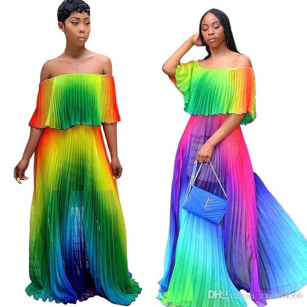 

summer women slash neck rainbow dress 2019 chiffon pleated dresses lady party night club maxi dress sundress beach dress