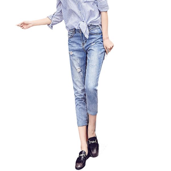 

female regular trousers for women loose holes jeans high waist washed blue cowboy ankle-lenght pants