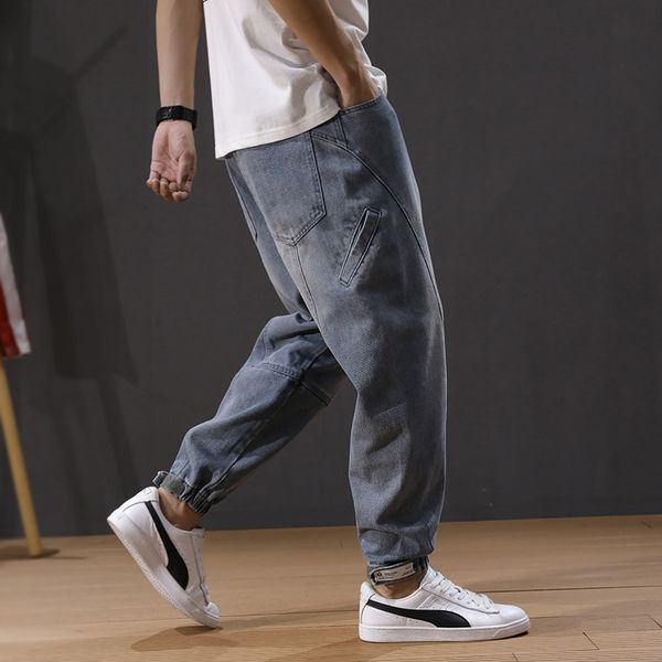 

корейский стиль моды для мужчин джинсы мульти карманы свободные fit джинсовые брюки-карго ретро синий slack bottom уличная хип-хоп джинсы дл, Blue