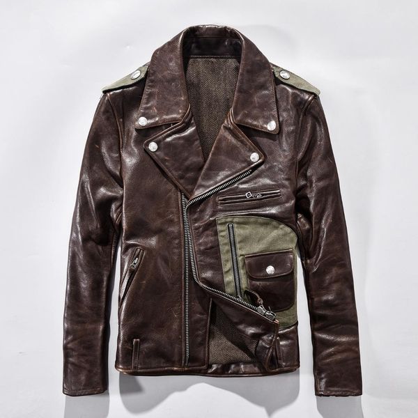 

2019 men's vintage genuine leather jacket rivet diagonal zipper slim fit ltaly leather coat men patchwork moto biker jacket male, Black