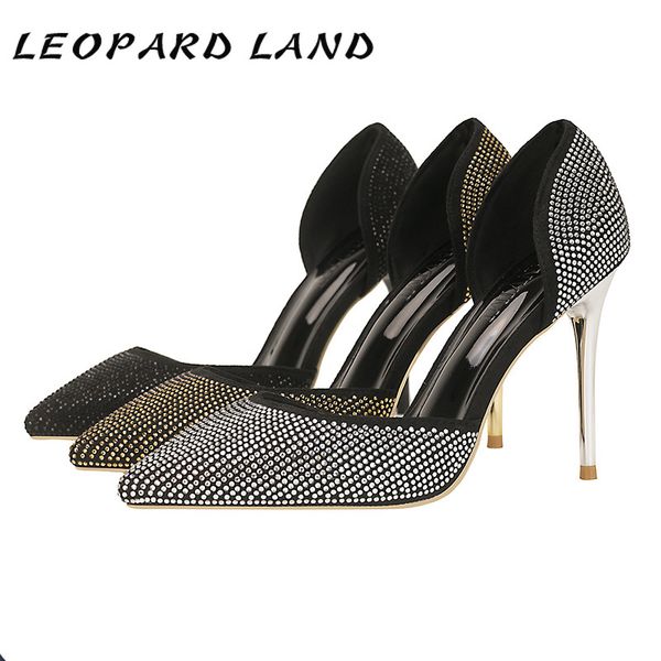 

leopard landwomen's shoes elegant super high heels shallow mouth pointed sparkling rhinestone hollow high heel women's shoes zwm, Black