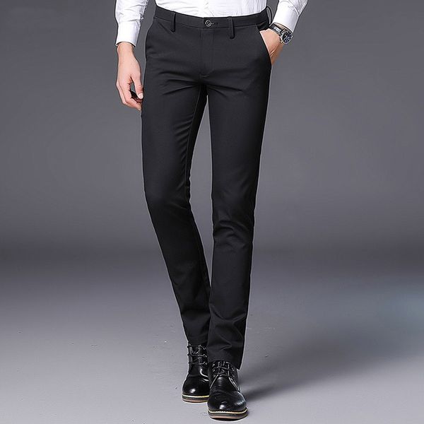 

men brand business casual formal dress pants men's elastic thin slim fit skinny suit pants cotton long trousers khaki work, Black