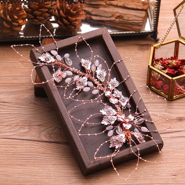 

1pcs korean exquisite charming fairy handmade weave crystal leaves beads gold line wedding hair dress accessories women hairband, Golden;white