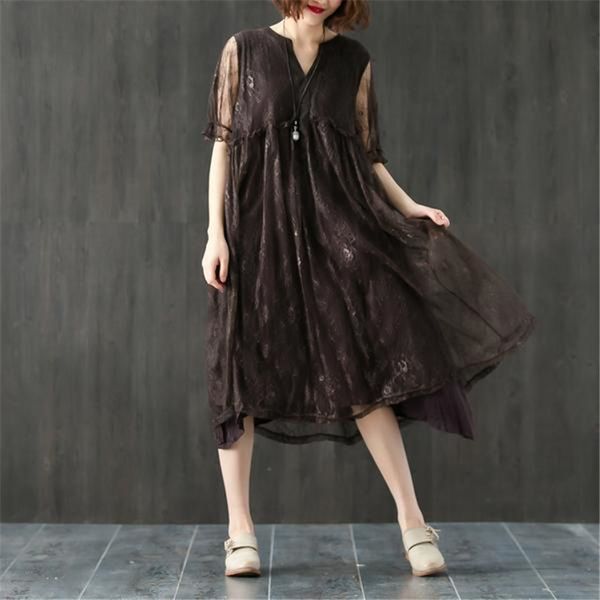 

buykud fashion women transparant deep v neck lace dress with irregular hem loose and casual style charming and elegant, White;black
