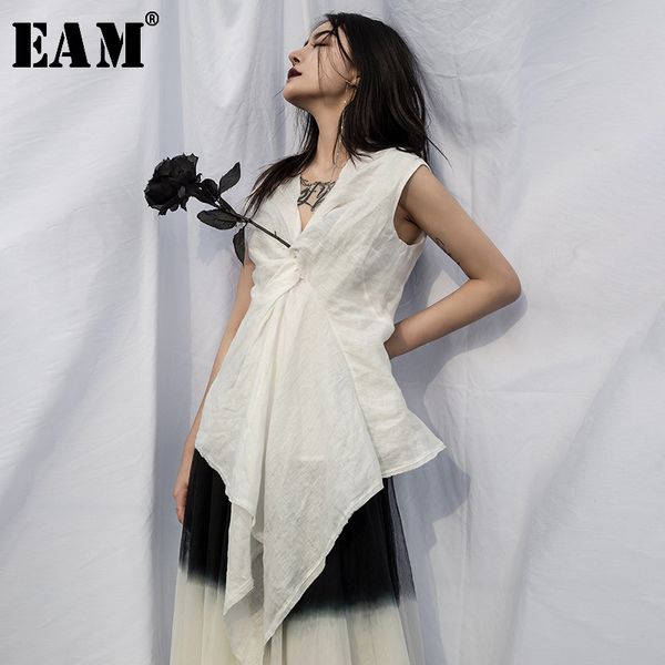 

eam] women black asymmetrical pleated blouse new v-collar sleeveless loose fit shirt fashion tide spring autumn 2020 ju423, White