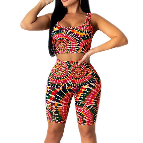

spiral tie-dye print two-piece yoga set casual sportswear women sleeveless bra seamless pants gym sports sets female fitness, White;red