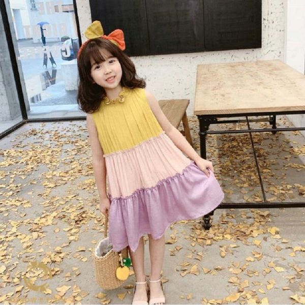

2020 summer new arrival girls fashion patchwork dress kids vest dresses girl dresses, Red;yellow