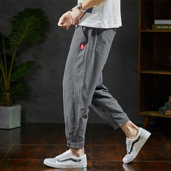 

autumn cotoon linen pants men cargo joggers casual sweatpants techwear ankle length track trousers, Black