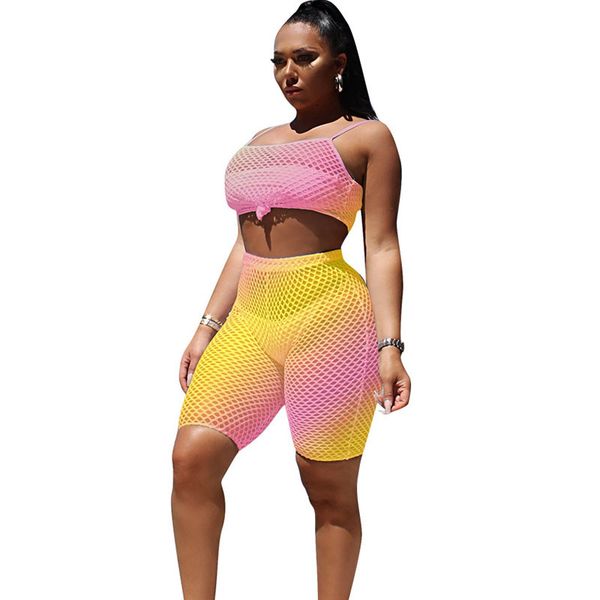 

2019 new women summer mesh see-through beach two piece set hollow out tie up crop shorts suit casual tracksuit outfits, White