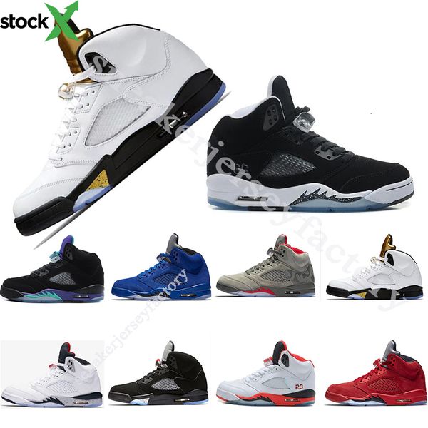 

box] 5 v men basketball shoes olympic metallic gold blue red suede white cement og black metallic fire red oreo sport sneakers