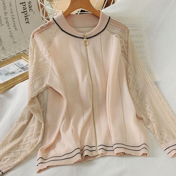 

neploe лето тонкий вязаный кардиган пальто молния o-образным вырезом тонкий suncreen свитер куртка кружева пэчворк с длинным рукавом трикота, White