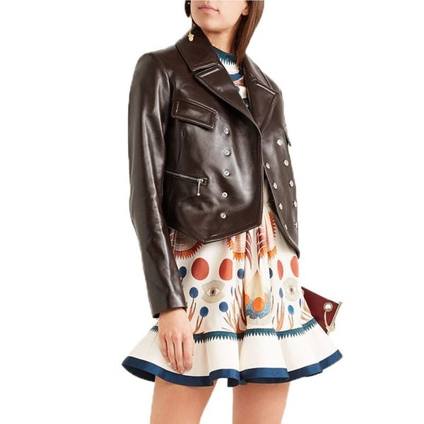 

spring coat female pu outerwear double breasted european faux leather jacket women elegant slim vintage brown short c59, Black