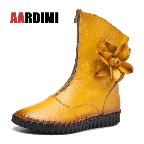 

aardimi handmade women high boots genuine leather retro flowers women mid-calf boots snow solid cowhide winter shoes, Black