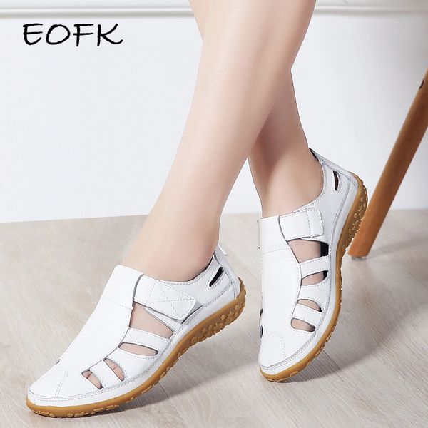 

eofk new women gladiator sandals genuine leather hollow casual comfortable soft bottom summer ladies flat beach sandals woman, Black