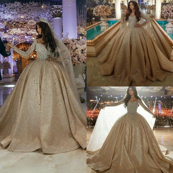

luxury champagne ball gown wedding dresses 2020 beading long sleeves bridal gowns lace appliqued plus size wedding dress, White