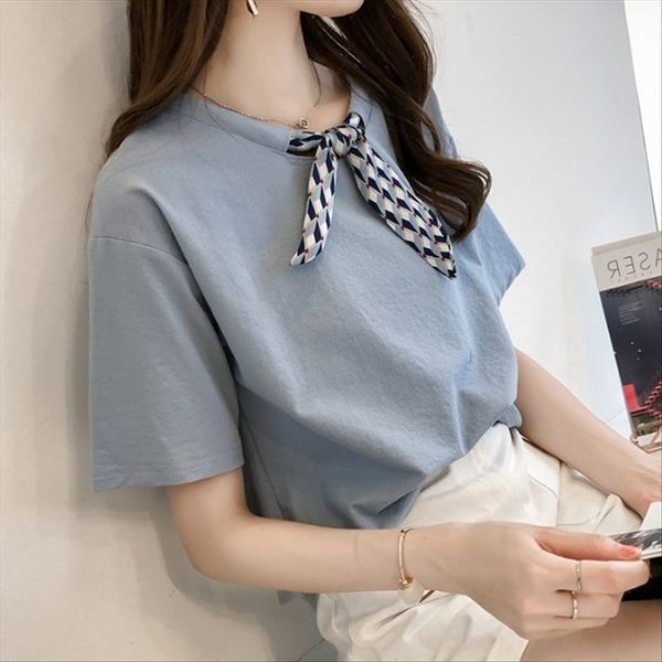 

2019 diamond tie diamond t- bow round collar t-shirt half sleeve base shirt short sleeve top, White