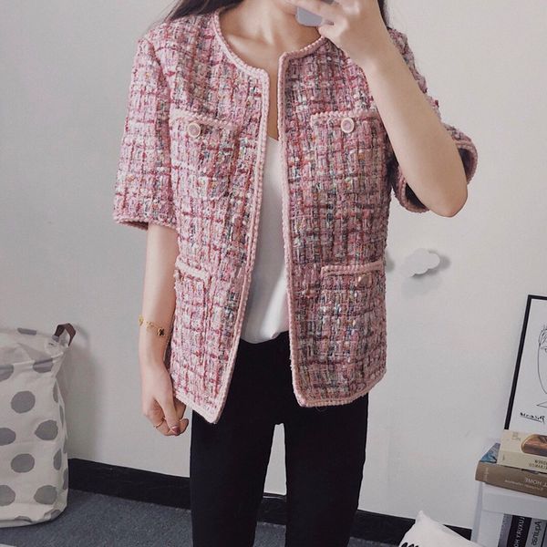 

high street new fashion 2019 designer jacket women single button rivet plaid tweed wool coat jacket, Black;brown