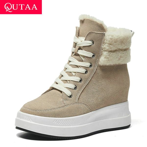 

qutaa 2020 round toe lace up ankle boots wedges all match short boots winter warm fur height increasing women shoes size 34-39, Black
