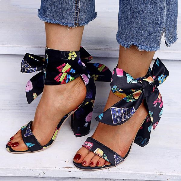 

flock high heel summer style ribbon sandals vintage black fashion ankle strap pumps bow-knot casual shoes woman shoes size 34-43