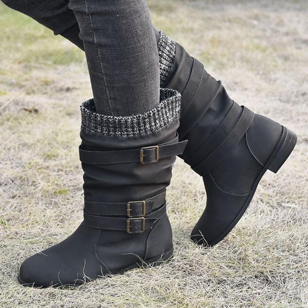 

winter shoes women boots leather flats round toe shoes low-heeled buckle strap western middle tube boots dropshipping ##5, Black
