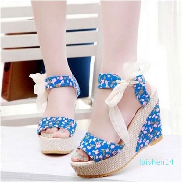 

wholesale- drop shipping women fashion summer wedged female chaussure lady platform sandals lace belt bow open toe high-heel shoes l14, Black
