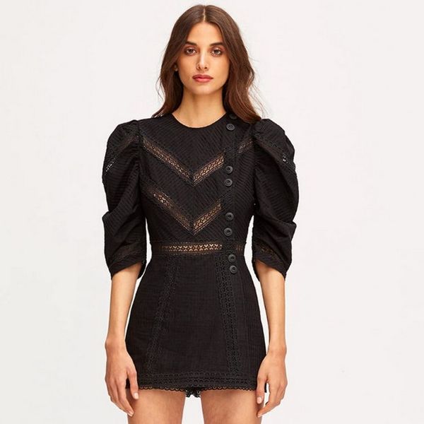 

brand designer 2019 summer runway single-breasted short jumpsuit hollow out half sleeve lace women holiday playsuits white/black, Black;white