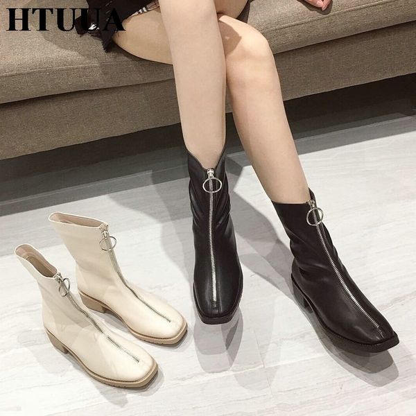 

htuua brand women boots new fashion front zipper square heel mid-calf short boots black beige autumn winter shoes woman sx3351