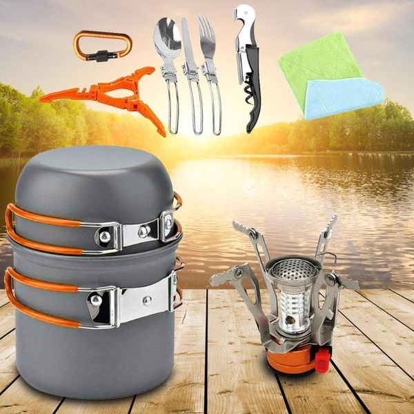 

portable camping hiking tableware outdoor picnic carabiner spoon bottle opener pot pan travel cooking equipment set 2019 new