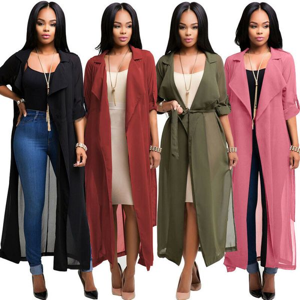 

fashion 3 colors women long coat chiffon shirt long sleeve lapel chiffon cardigan women thin coat 2019 new, Tan;black