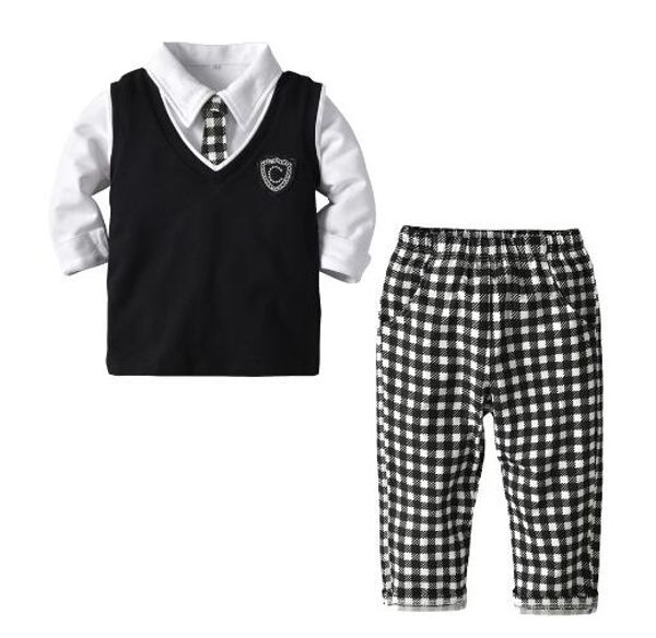 

Gentleman Boy Kids Clothing 4 Piece SetsBaby Spring turn down collar Long sleeve Shirt + Plaid Pant+Vest+Tie Spring fall boy clothing sets
