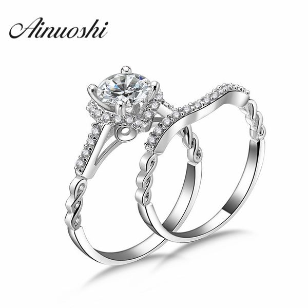 

ainoushi 925 стерлингового серебра 4 сохатый обручальное кольцо set 1 карат сона halo round cut женщины обручальное кольцо anniversary компл, Slivery;golden