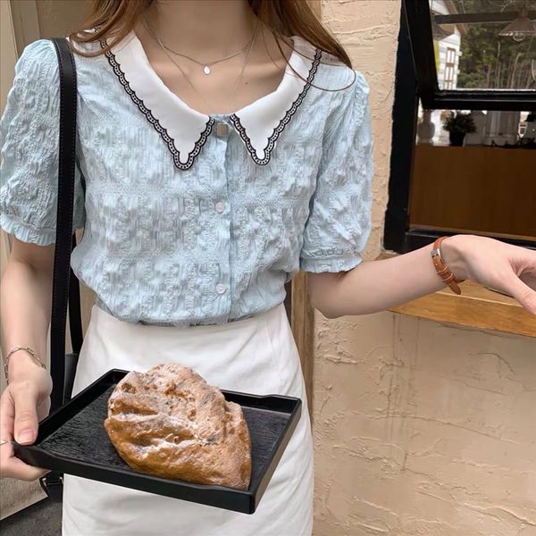 

short-sleeved chiffon doll female 2020 contrast color doll collar foreign style small shirt all-match base shirt, White