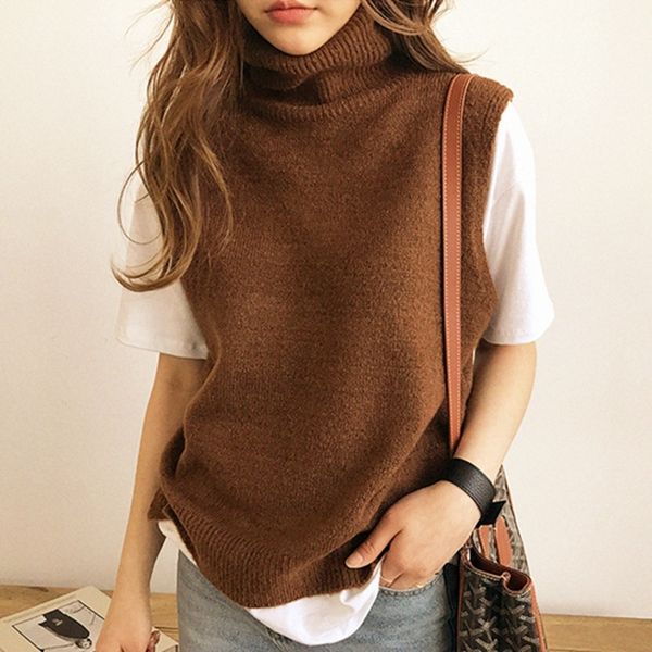 

frseucag selling new women's knitted high-neck vest loose comfortable cashmere sweater sleeveless sweater women's pullover, White;black