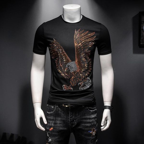 

2020 summer new men's eagle rhinestone round neck short-sleeved t-shirt slim wild half-sleeved bottoming shirt t-shirt men size m-3xl, White;black