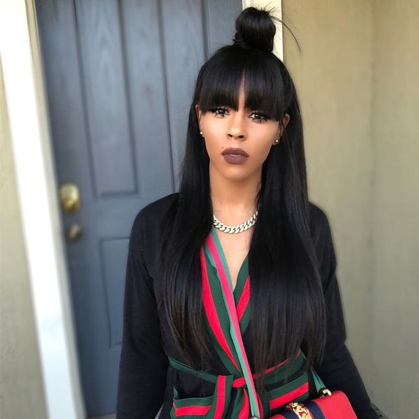 

natural straight hair wig with bangs mongolian lace front human hair wigs pre plucked 130%, Black;brown