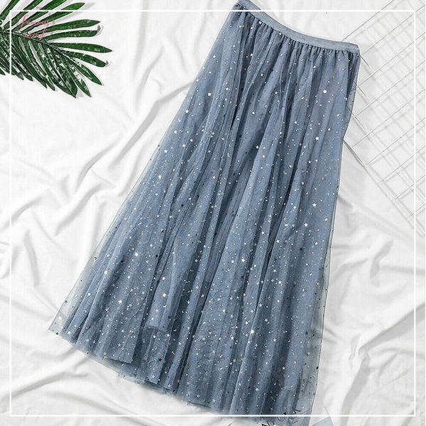 

au new women 2019 summer a line midi skirts female high waist pleated skirt swing star moon tulle pleated skirts, Black
