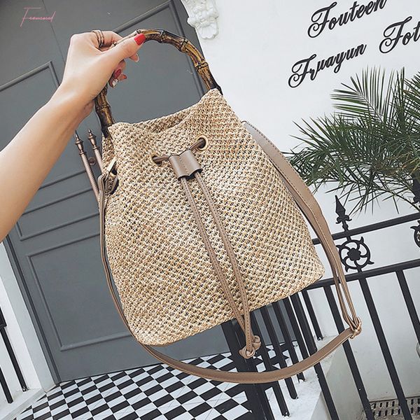 

ljl new drawstring womens straw bucket bag summer woven shoulder bags shopping purse beach handbag straw handbags travel bag