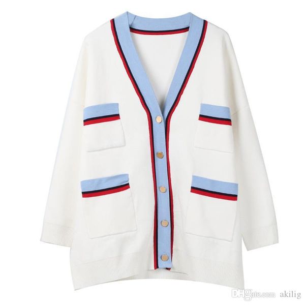 

spring new contrast color striped v-neck double pocket loose long-sleeved knit cardigan fashion coat female designer sweaters size s-l, White;black