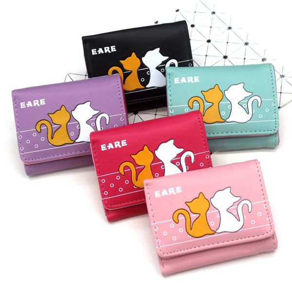 

fashion women short wallet luxury brand female purse pu leather cat design cute girls clutch wallets card holder lady money bags, Black